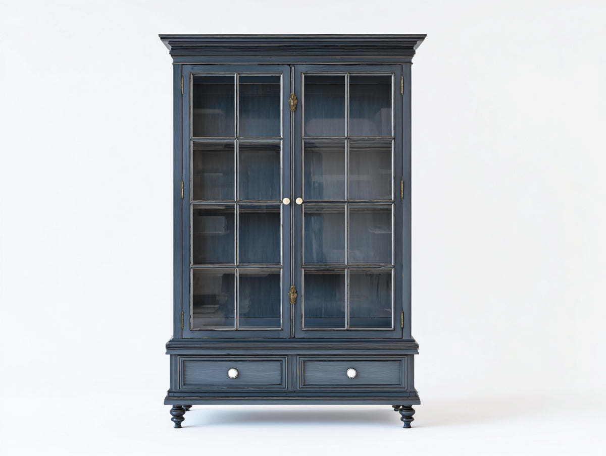 Vitrinas de madera 100x40x190 cm - azul grisáceo - con 2 puertas de cristal y 2 cajones para salón