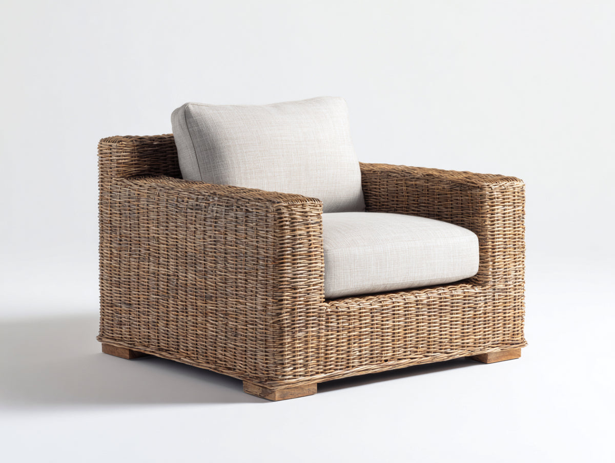 Sillón de ratán de jardín 90x85x75 cm - color marrón natural - diseño moderno para exterior