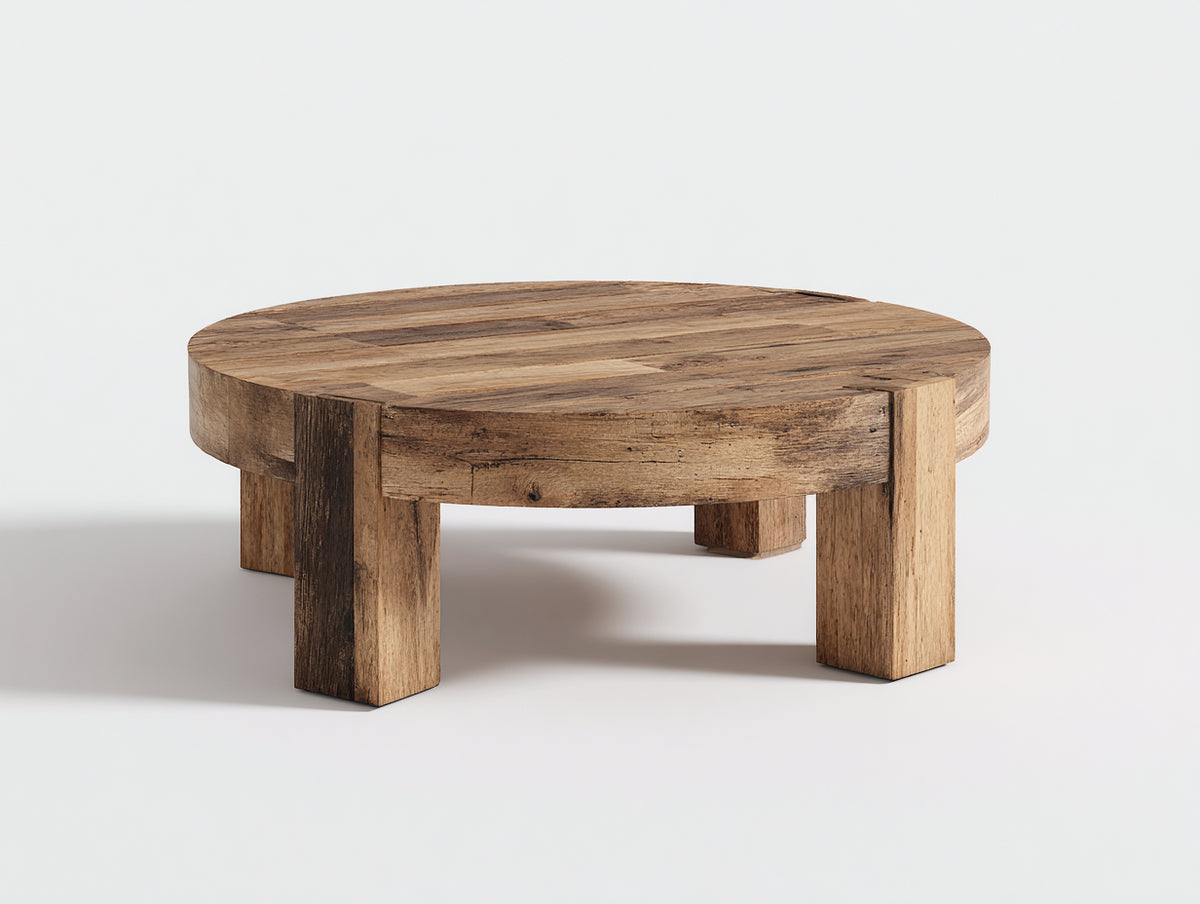 Mesas de jardín de madera 120x120x45 cm - acabado natural envejecido - diseño redondo moderno para exterior